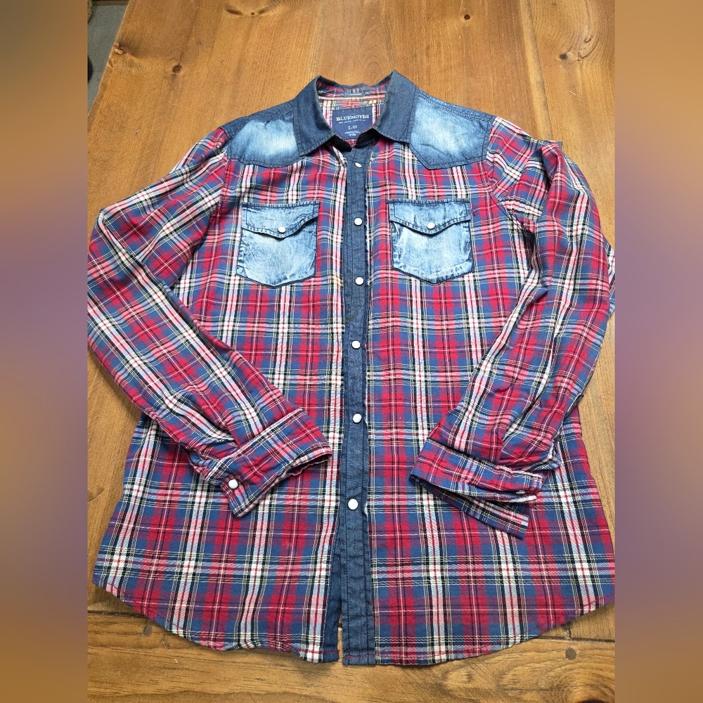 Men's Red Plaid Denim Shirt